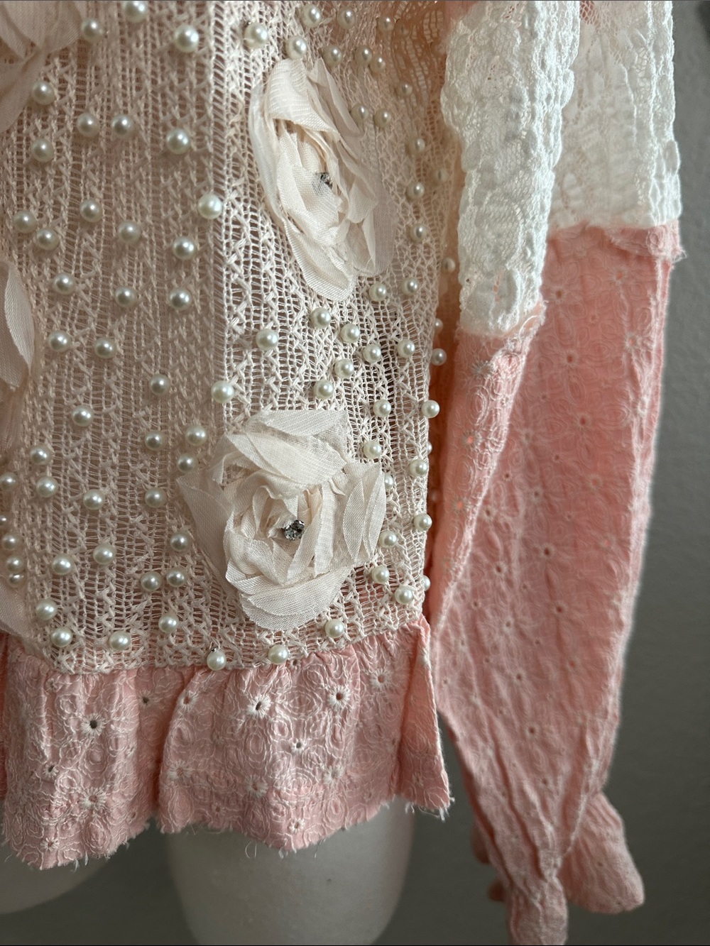 POL Lace Patchwork Pearl Embellished Floral Button Up Jacket - Picture 8 of 10